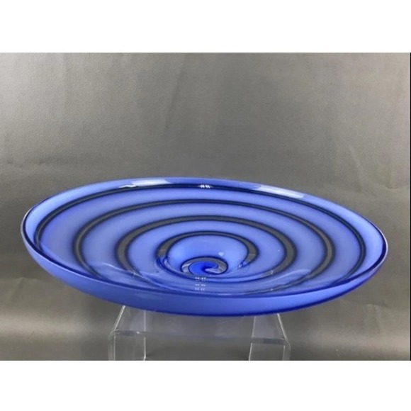 Handcrafted Other - Handmade Poland Art Glass Centerpiece Bowl Cobalt Periwinkle Blue Spiral Swirl